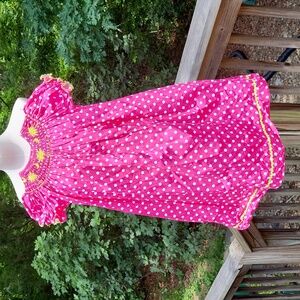 Smocked and embroidered dress, pink w white polka dots, palmetto, cap sleeves, 6